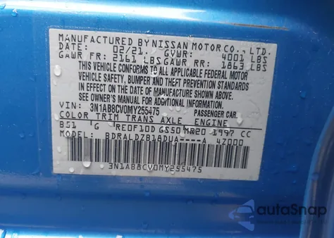 2021 Nissan Sentra Sv Xtronic Cvt z USA, uszkodzony, nr VIN 3N1AB8CV0MY255475